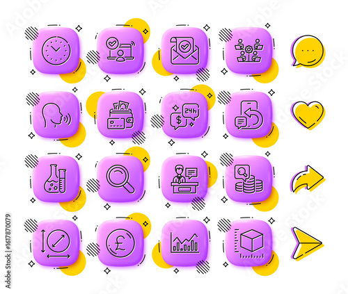 Human sing, Chemistry lab and Circle area line icons. App 3d buttons. Social media comment, share, like icons. Pack of Online access, Inspect, Confirmed mail icon. Vector