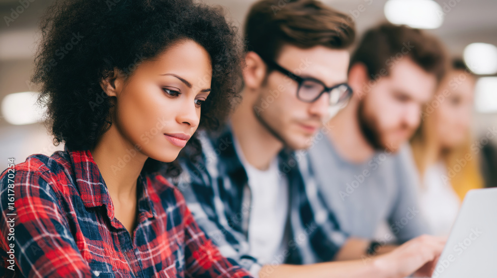 Fototapeta premium Young woman working on laptop with focused expression in casual office environment with diverse colleagues