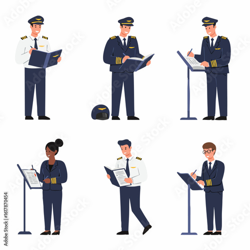 Diverse Pilots and Flight Crew Members Engaged in Aviation Tasks