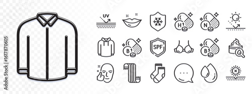 No sun, Healthy face and Socks line icons for web app. Glare of light effect. Message icon. Pack of Bra, Spf protection, Hoody pictogram icons. Uv protection, Clean skin, Oil drop signs. Vector