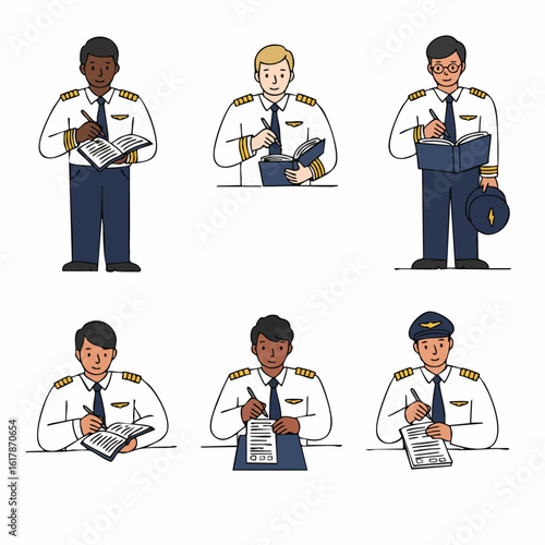 Diverse Male Pilots Writing and Studying: Professional Aviation Staff Illustrations