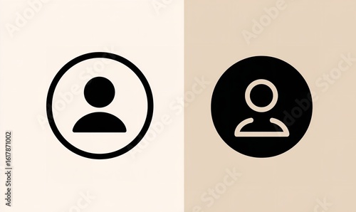 Set of two simple vector icons: a person avatar and a circular frame for a profile picture, on a white background in black color, Generative AI.