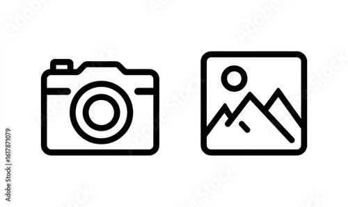 Simple vector icon of two images, one landscape and the other portrait, on a white background, with black line art and no color, and a flat design style, Generative AI.