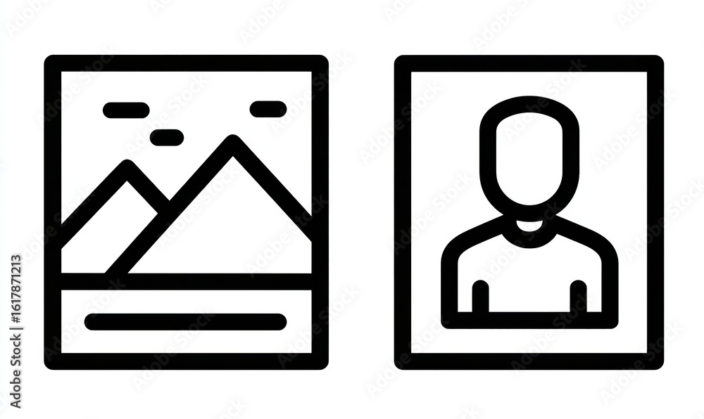 Simple vector icon of two images, one landscape and the other portrait, on a white background, with black line art and no color, and a flat design style, Generative AI. Simple vector icon of two images, one landscape and the other portrait, on a white background, with black line art and no color, and a flat design style, Generative AI.