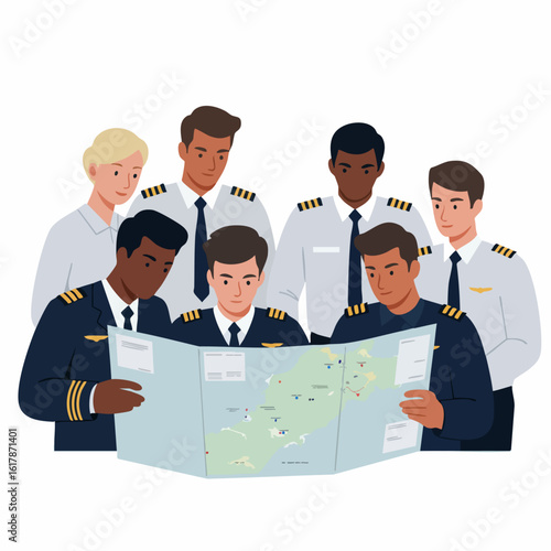 Diverse Airline Pilots and Crew Collaborating on Flight Planning and Navigation, Reviewing a Map Together