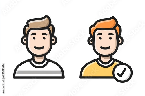 Two simple vector icons depicting a user with a checkmark, against a white background, with black line art, Generative AI.