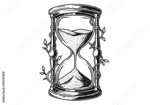 Vintage Hourglass with Sand and Vine Details in Black and White.