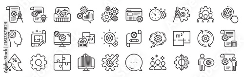 Engineering line icons. Settings gear, Message, Inflation icons. Set of Idea bulb, Dividers tools and Blueprint linear icons. Cogwheel, calculate price, mechanical tools. Vector
