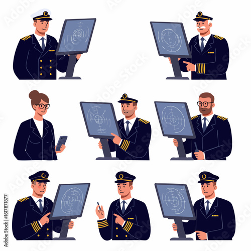 Various maritime officers and captains managing ship navigation and operations with radar screens, in a collection of flat illustrations.
