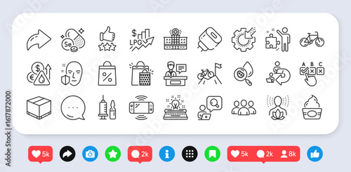 Charging adapter, Delegate work and Delivery box line icons pack. Social media: share, comment, like icons. Shopping bags, Rise price, Seo gear web icon. Vector