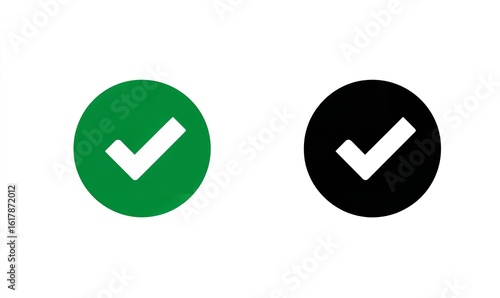 Vector icon of a checkmark in a green circle and a black circle, on a white background. Simple, flat vector design with minimalistic shapes, Generative AI.