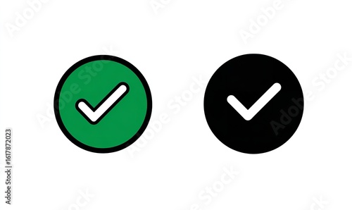 Vector icon of a checkmark in a green circle and a black circle, on a white background. Simple, flat vector design with minimalistic shapes, Generative AI.