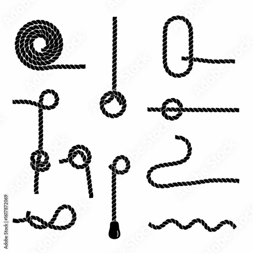Collection of various black rope illustrations on white background, featuring knots, coiled designs, and loops.