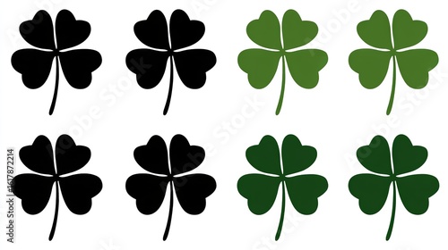 Vector Set of Four-Leaf Clover Icons in Green and Black for St. Patrick’s Day, Flat Design, Generative AI.