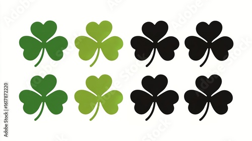 Vector Set of Four-Leaf Clover Icons in Green and Black for St. Patrick’s Day, Flat Design, Generative AI.
