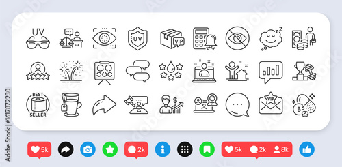 Vip parcel, Tea and Eye detect line icons pack. Social media: share, comment, like icons. Court judge, Quality, Human rating web icon. Pantothenic acid, Video conference, Sunglasses pictogram. Vector