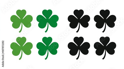 Vector Set of Four-Leaf Clover Icons in Green and Black for St. Patrick’s Day, Flat Design, Generative AI.
