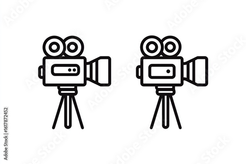 video camera icon, simple line art style, minimalist design, bold black outline, white background, Generative AI.
