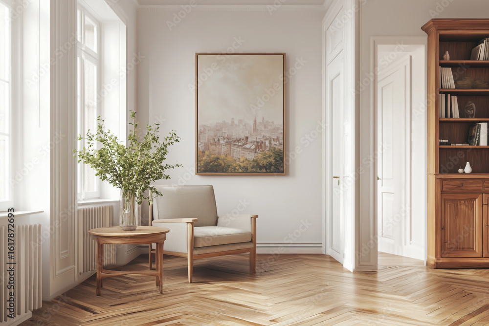 Fototapeta premium Interior design, living room, modern home decor, beige chair, wooden floor