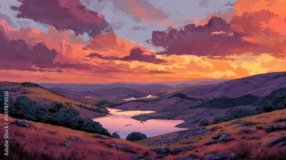 Naklejka premium Orange and Pink Sunset Over a Valley Between Hills and Lake