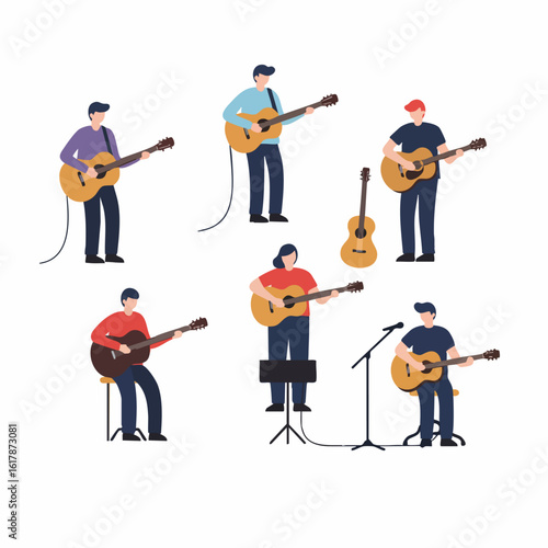A collection of diverse flat illustrations featuring people playing acoustic guitars, representing music, hobbies, and entertainment concepts.