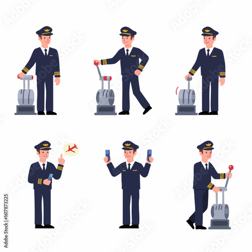 Set of Cartoon Pilot Characters in Various Poses Operating Controls and Using Mobile Phones, Illustrating Aviation Professionals and Flight Duties.