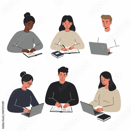 Diverse group of people studying, reading, writing, and working on laptops. Illustration of students and professionals engaged in education and online learning activities.