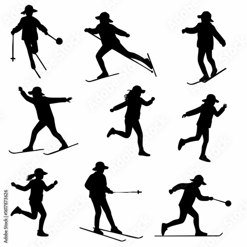 Silhouettes of active children engaged in various winter sports like skiing and running, depicted in dynamic poses on a white background.
