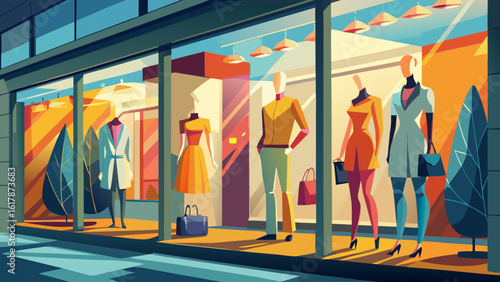A fashionable woman walks past a store window showcasing a sale with stylish mannequins, embodying a vibrant shopping atmosphere.
