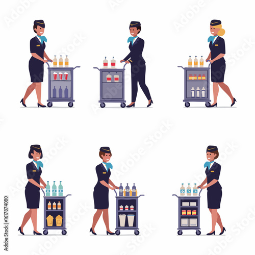 Flight Attendants Providing In-Flight Service with Beverage and Snack Carts - Diverse Airline Crew Offering Refreshments During Air Travel.