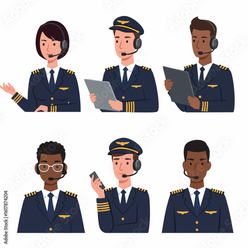 Diverse group of professional pilots and aviation crew members wearing uniforms and headsets, engaging in flight operations and communication tasks.