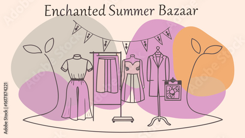 A whimsical display of summer fashion at the Enchanted Summer Bazaar, featuring stylish outfits and playful decorations.