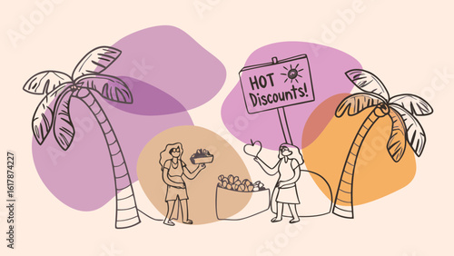 Two women, one with curly hair and another with straight hair, promote hot discounts at a tropical market.