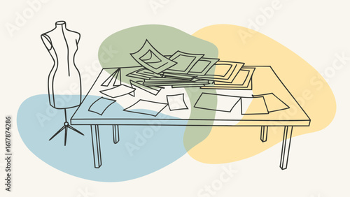 An artistic sketch of a cluttered workspace featuring a mannequin and scattered papers.