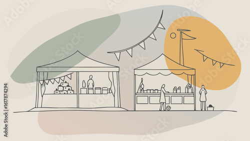 Artistic illustration of a bustling market featuring two vendor tents with people shopping and gathering.
