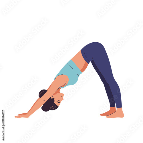 Woman practicing yoga in downward-facing dog pose feeling energetic in a digital style