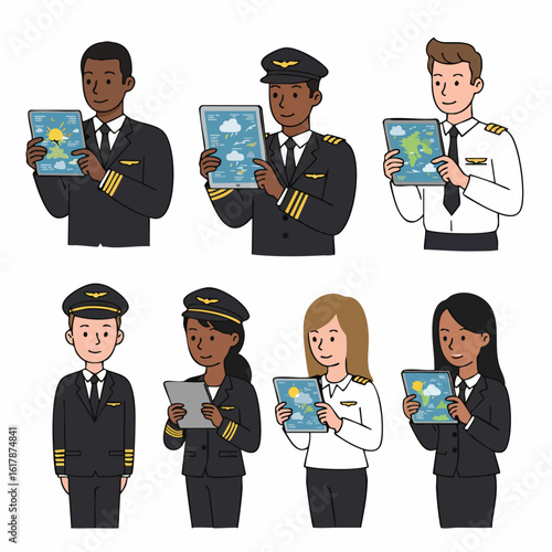 Diverse group of male and female pilots using digital tablets for flight planning and weather analysis, symbolizing modern aviation.