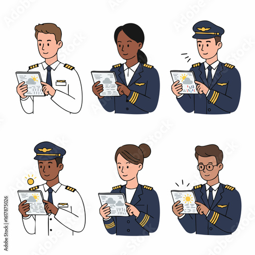 Diverse pilots and airline crew members in uniform using digital tablets to check weather forecasts for flight preparation, a modern aviation concept.