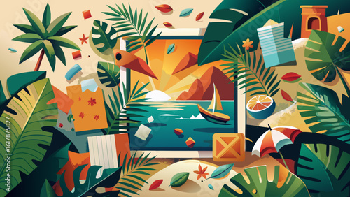 A vibrant tropical scene featuring an idyllic sunset, palm leaves, and beach elements, evoking a sense of relaxation and adventure.