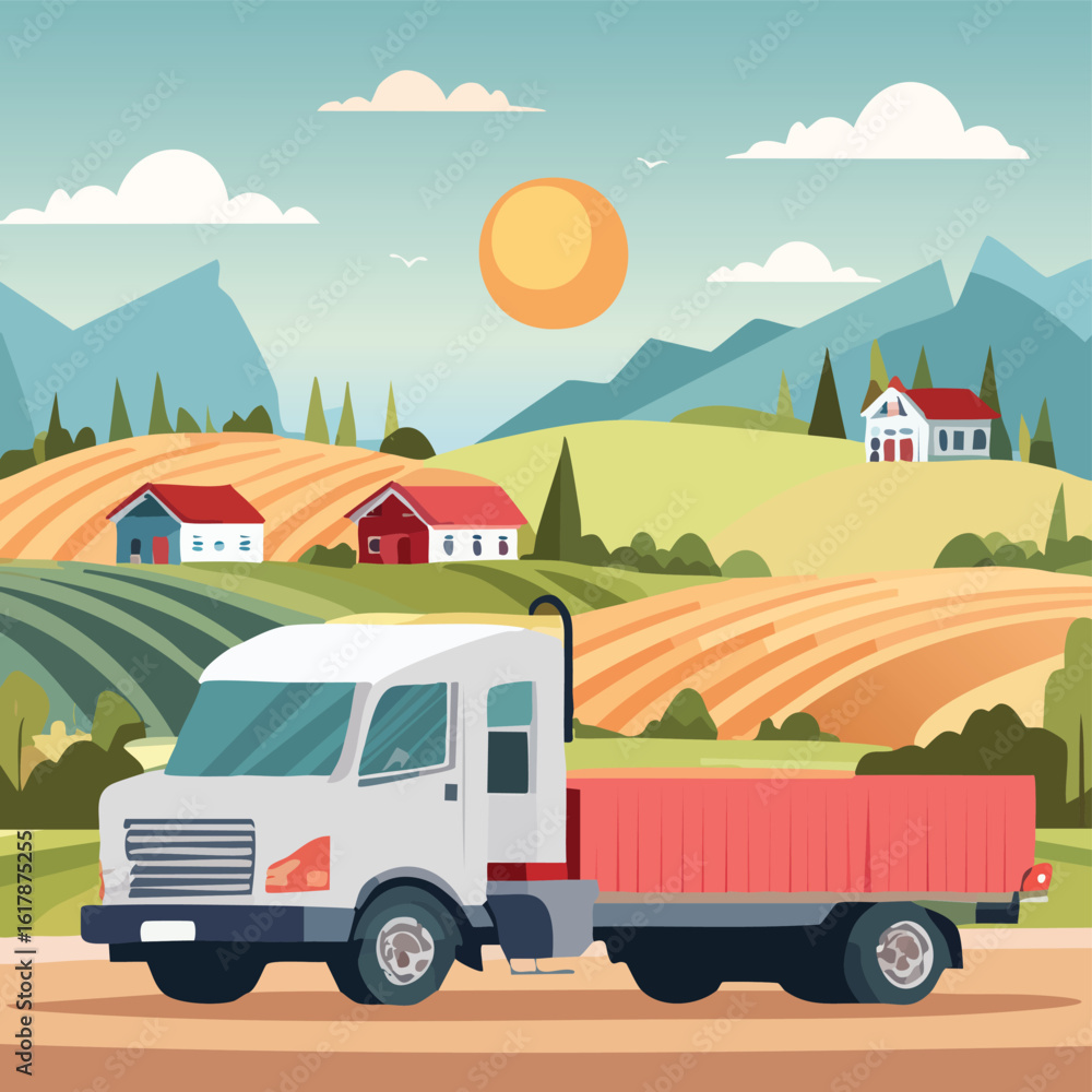 Naklejka premium Peaceful Farmers Village Scene with Rustic Truck – Countryside Landscape Featuring Traditional Farmhouses, Crops, Dirt Road, and Classic Farming Truck under Morning or Sunset Sky