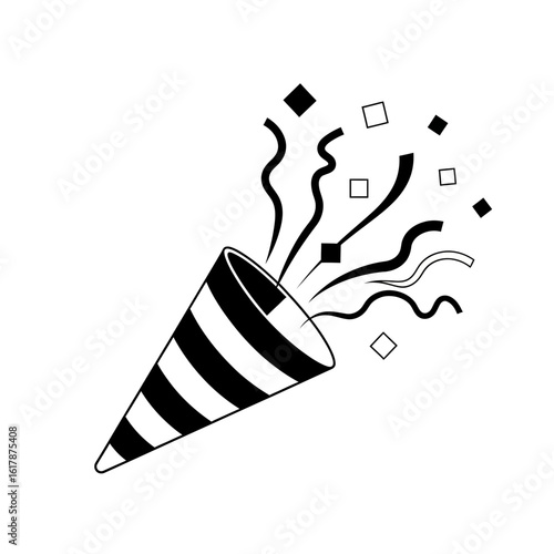 Festive party popper exploding with black and white streamers and confetti against a white backdrop celebration