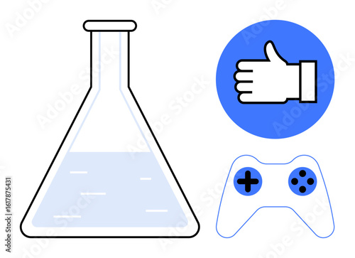 Laboratory flask with liquid, blue thumbs-up icon, and gaming controller. Ideal for science, innovation, technology, gaming, user experience, feedback mechanisms and a simple landing page