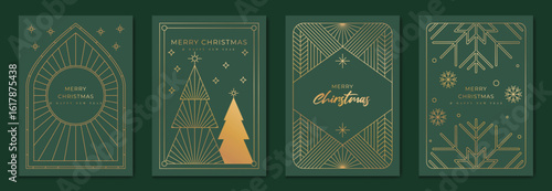 Christmas greeting card vector poster set. Happy new year background template with gold line christmas tree, snowflake and art deco element. Design for season holidays, cover, poster.