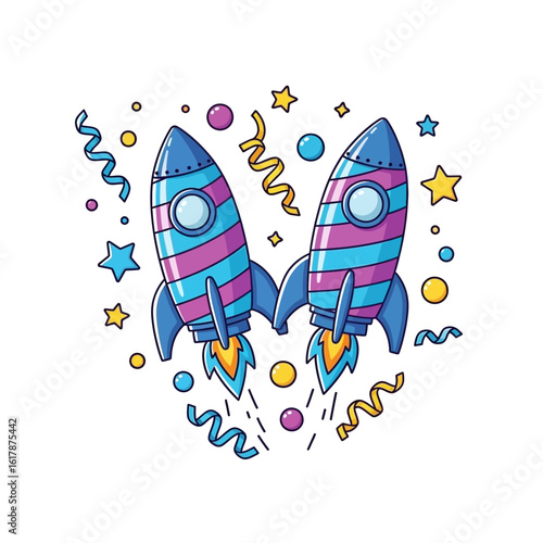 Two stylized rockets ascend surrounded by colorful confetti stars and swirling ribbons space spaceship