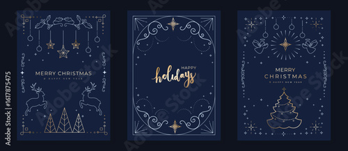 Christmas greeting card vector poster set. Happy new year background template with gold line christmas tree, reindeer, angel, bauble and art deco element. Design for season holidays, cover, poster.