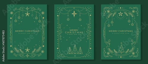 Christmas greeting card vector poster set. Happy new year background template with gold line christmas tree, pine leaves, bauble and art deco element. Design for season holidays, cover, poster.