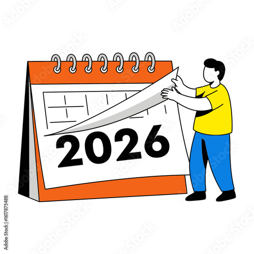 Man turns page on calendar revealing the year 2026 graphic illustration planning future turning page