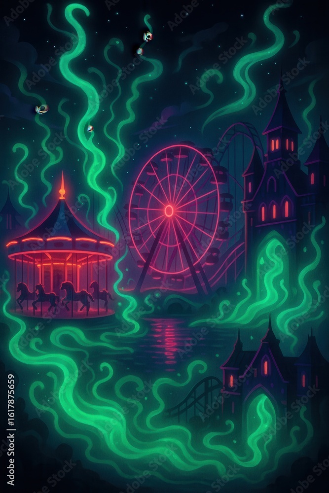 Fototapeta premium A surreal illustration shows luminescent green spectral smoke billowing through a haunted carnival with a twisted carousel ferris wheel and eerie mansion reflecting in still water under a starlit sky