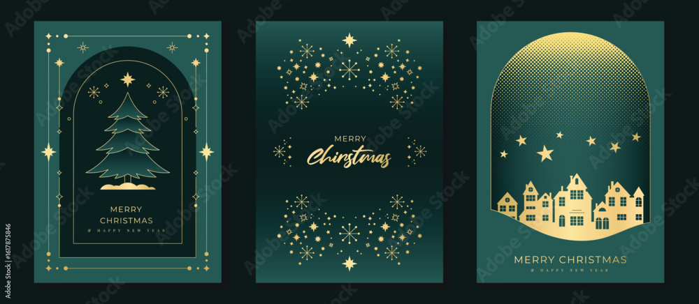 Christmas greeting card vector poster set. Happy new year background template with gold line christmas tree snowflake house and art deco element. Design for season holidays, cover, poster.