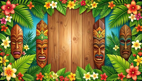Tropical wooden background with tiki masks and vibrant flowers